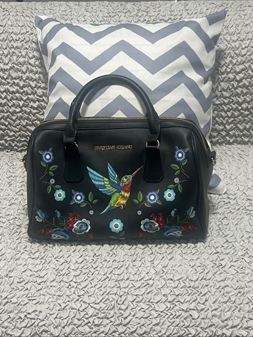 Christian Siriano Black Satchel with Multicolor Hummingbird & Floral Embroidery